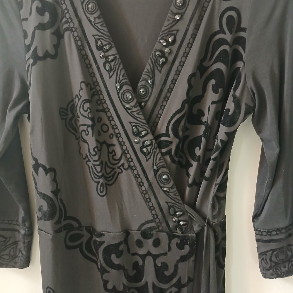 Hale Bob Women's Wrap Dress Black Jewel V-Neck Stretch Long Sleeve Size XS - Picture 4 of 13